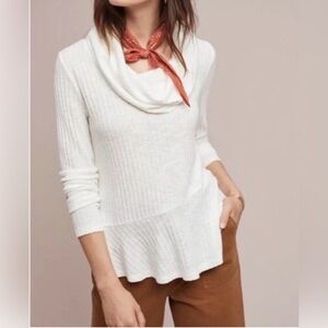 Maeve Cream Ribbed Cowl-Neck Peplum Top